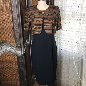 Vintage Black Midi Dress with connected Patterned Bolero Jacket